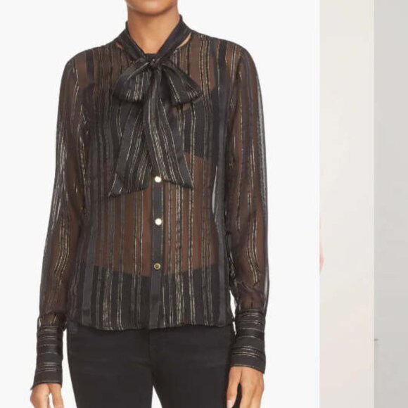 New Frame Tie Neck Metallic Stripe Silk Blouse In Noir Lurex Stripe Black Gold L - Picture 1 of 16